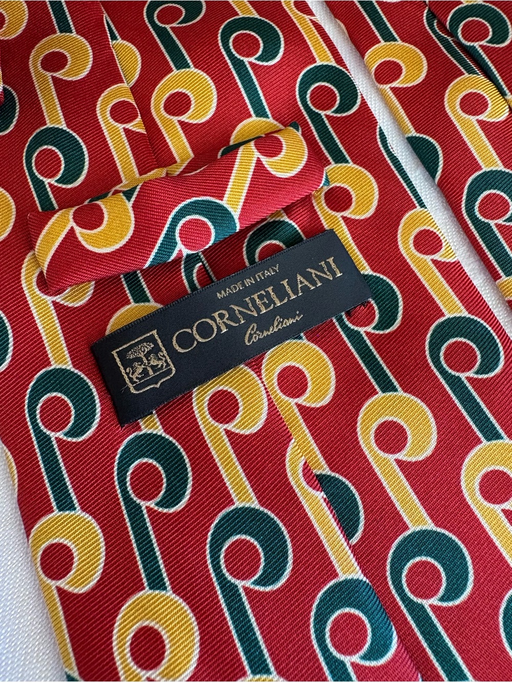 Vintage Corneliani 100% Silk Geometric Men's Tie Red Green Yellow Made in Italy